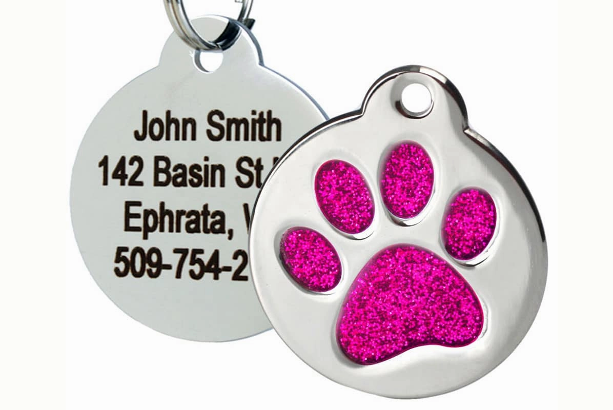 Glitter Paw Print Pet ID Tags in Stainless Steel