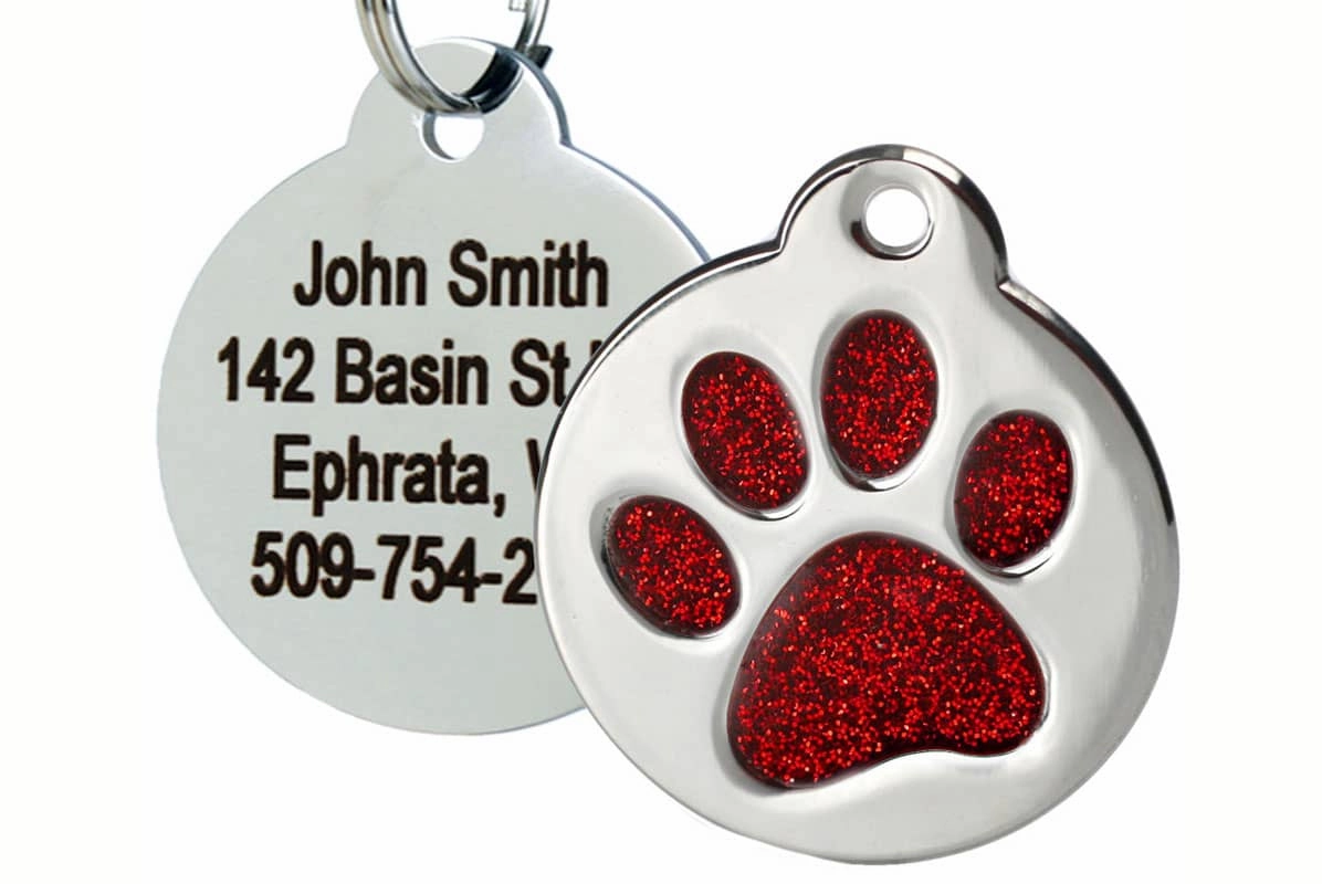 Glitter Paw Print Pet ID Tags in Stainless Steel