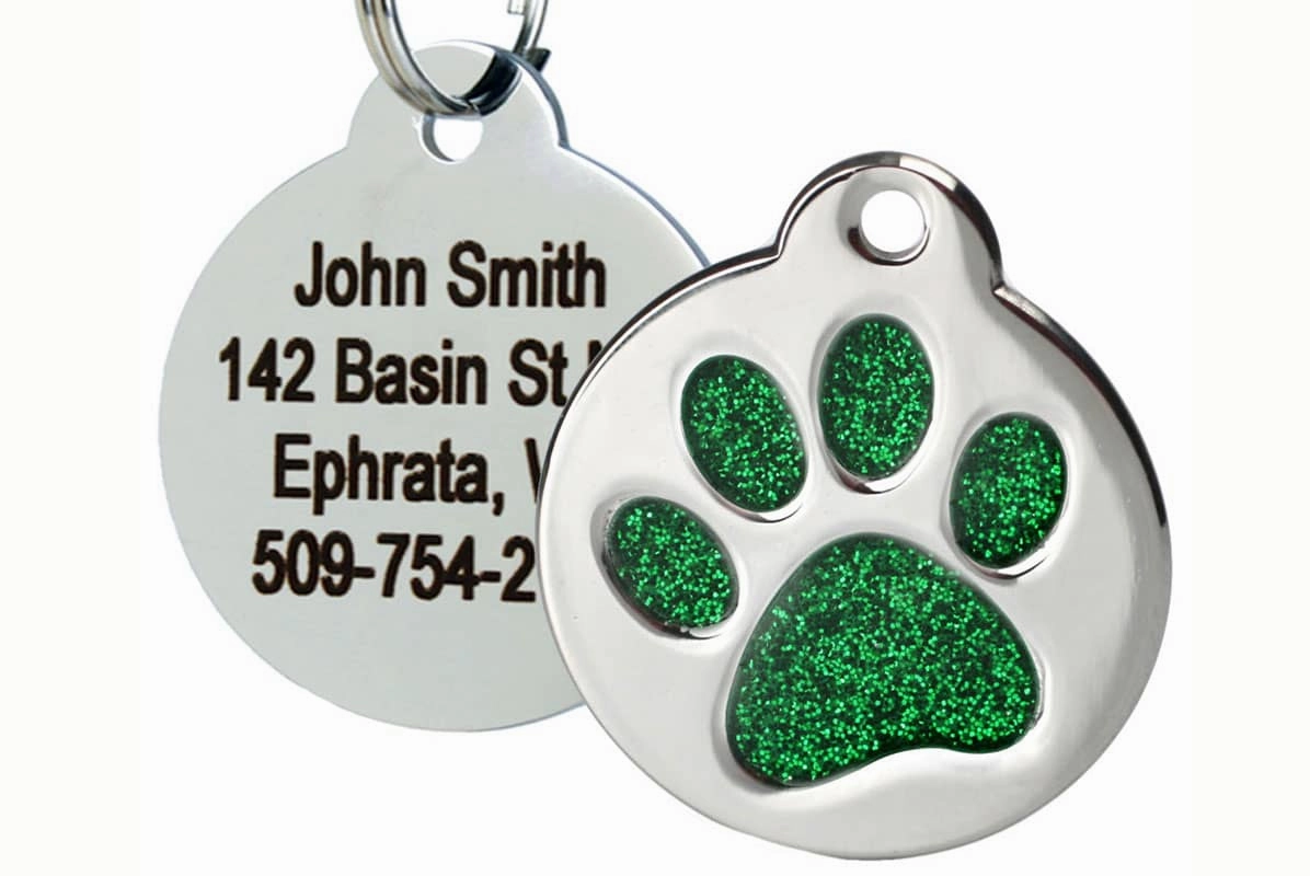 Glitter Paw Print Pet ID Tags in Stainless Steel