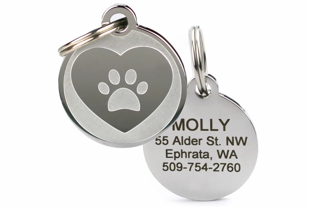 Heart with Paw Print Pet ID Tag in Stainless Steel
